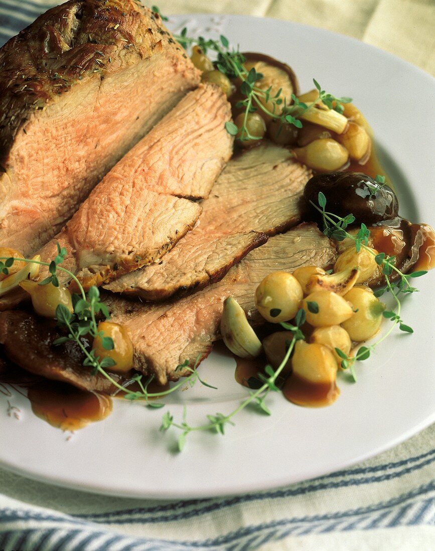 Partially Sliced Veal Roast with Onions and Mushrooms