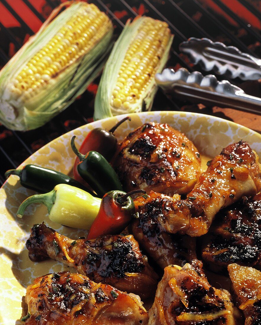 Barbecue Chicken with Hot Peppers; Corn on Cob on the Grill