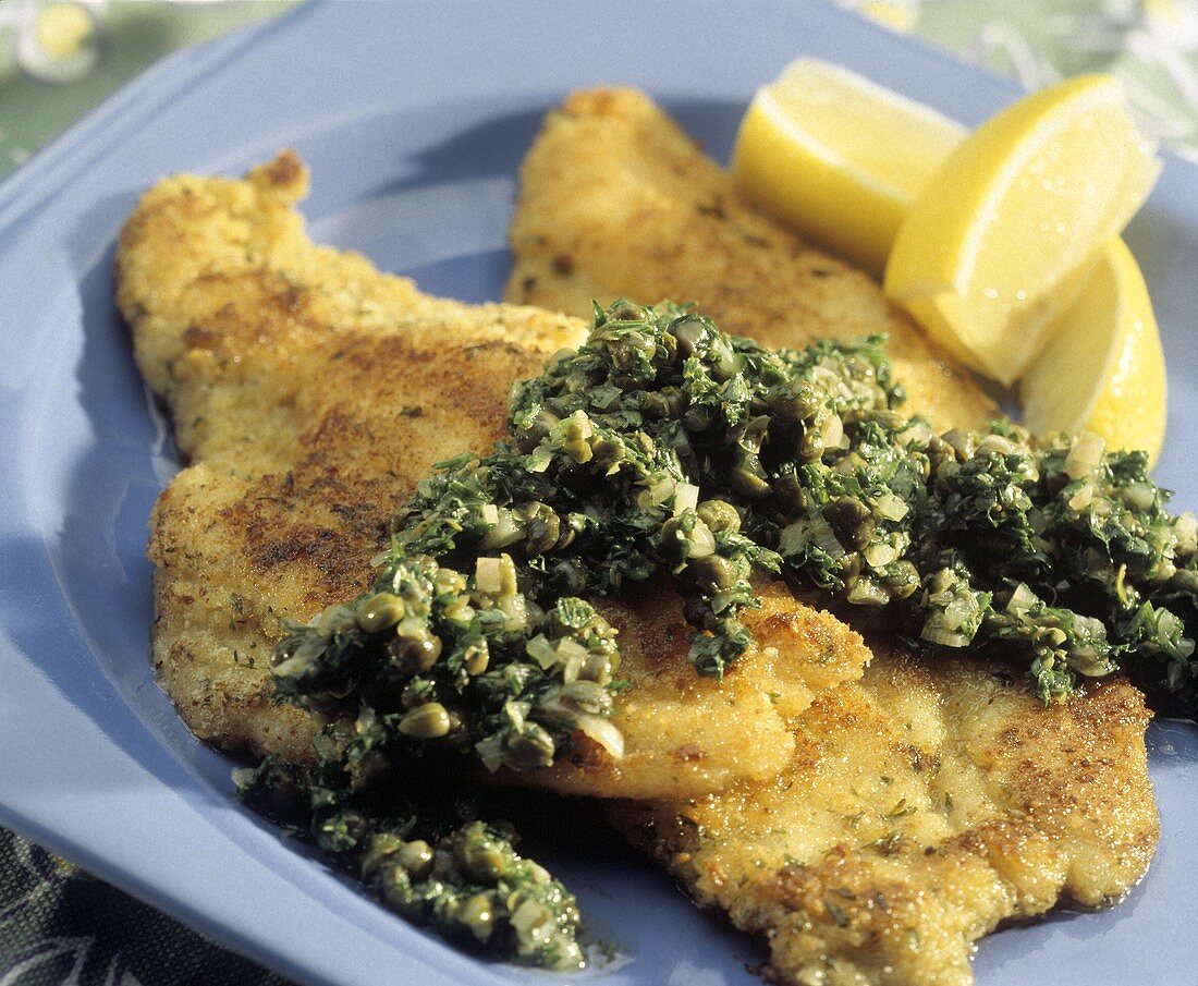 Fish with lemon Caper Sauce; Lemon Wedges