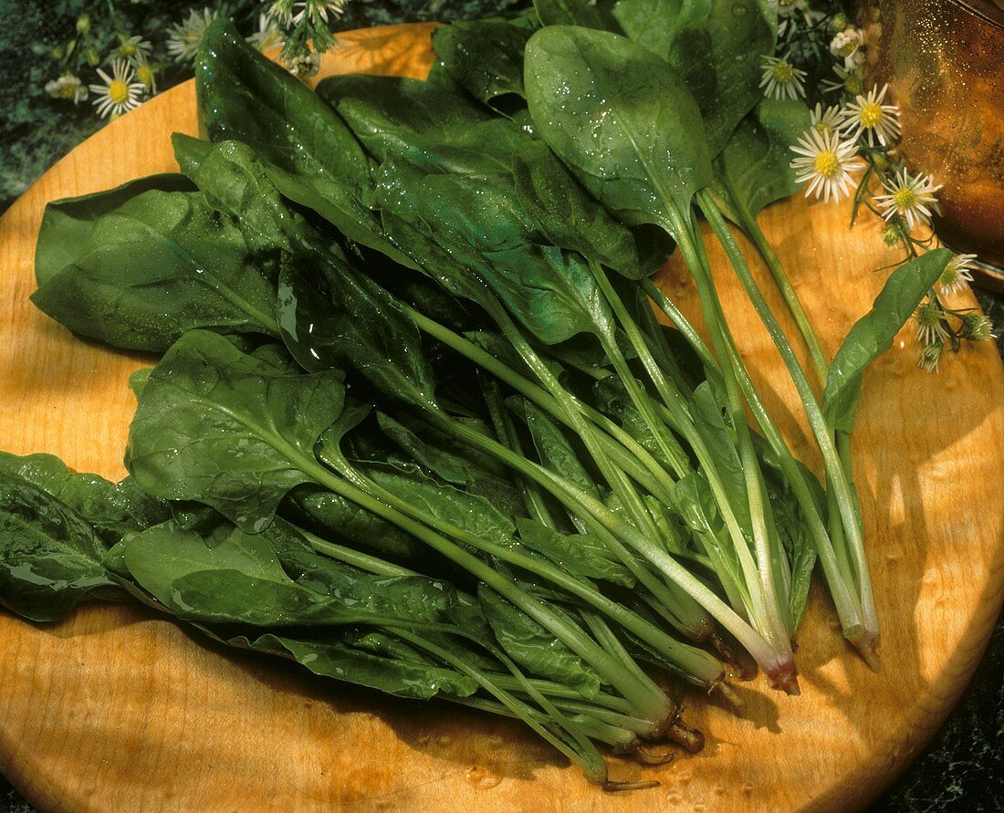 Freshly Washed Spinach on a Cutting Board