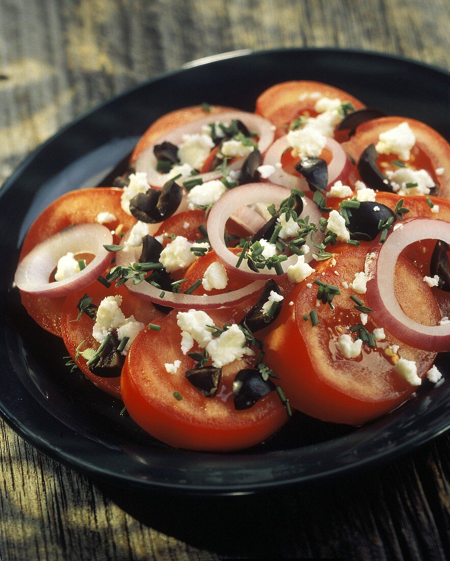 Tomato Slices with Feta Cheese and Olives