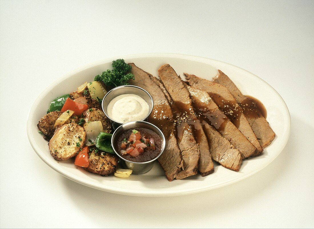 Sliced Roast Beef with Gravy; Condiments