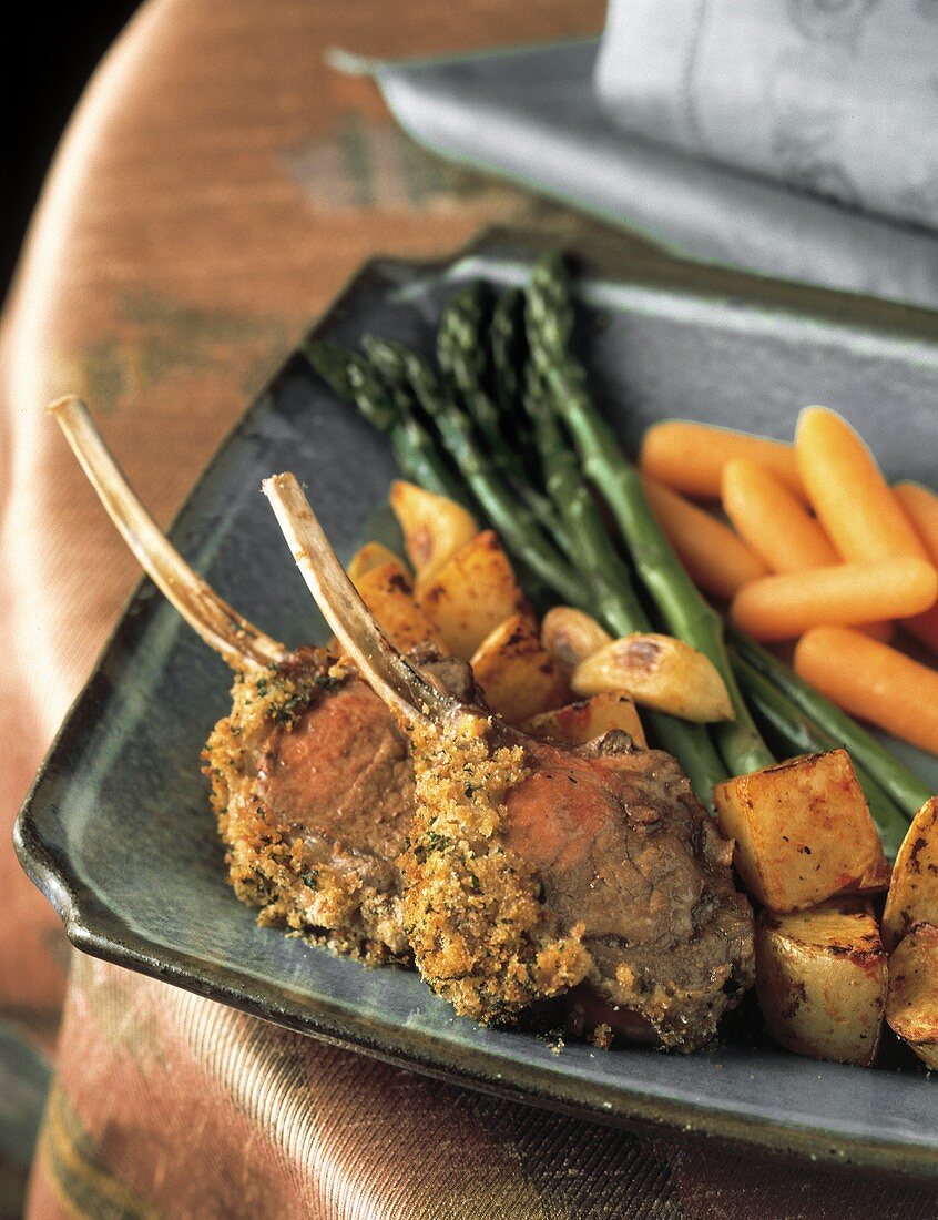 Lamb Chops with Roast Potatoes; Vegetables