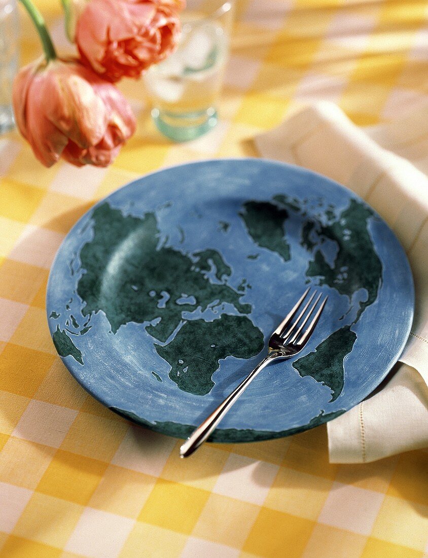 Ein Teller mit Planet-Erde-Muster, darauf eine Gabel