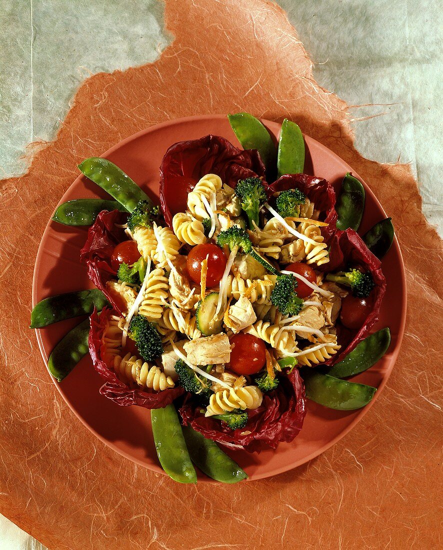 Nudelsalat mit Hühnerfleisch, Tomaten, Brokkoli auf Radicchio