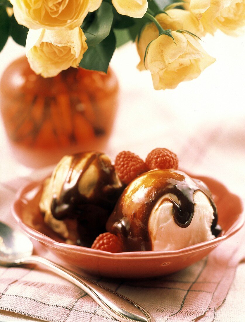 Zwei Eiskugeln mit Schokoladensauce & Himbeeren in Schale