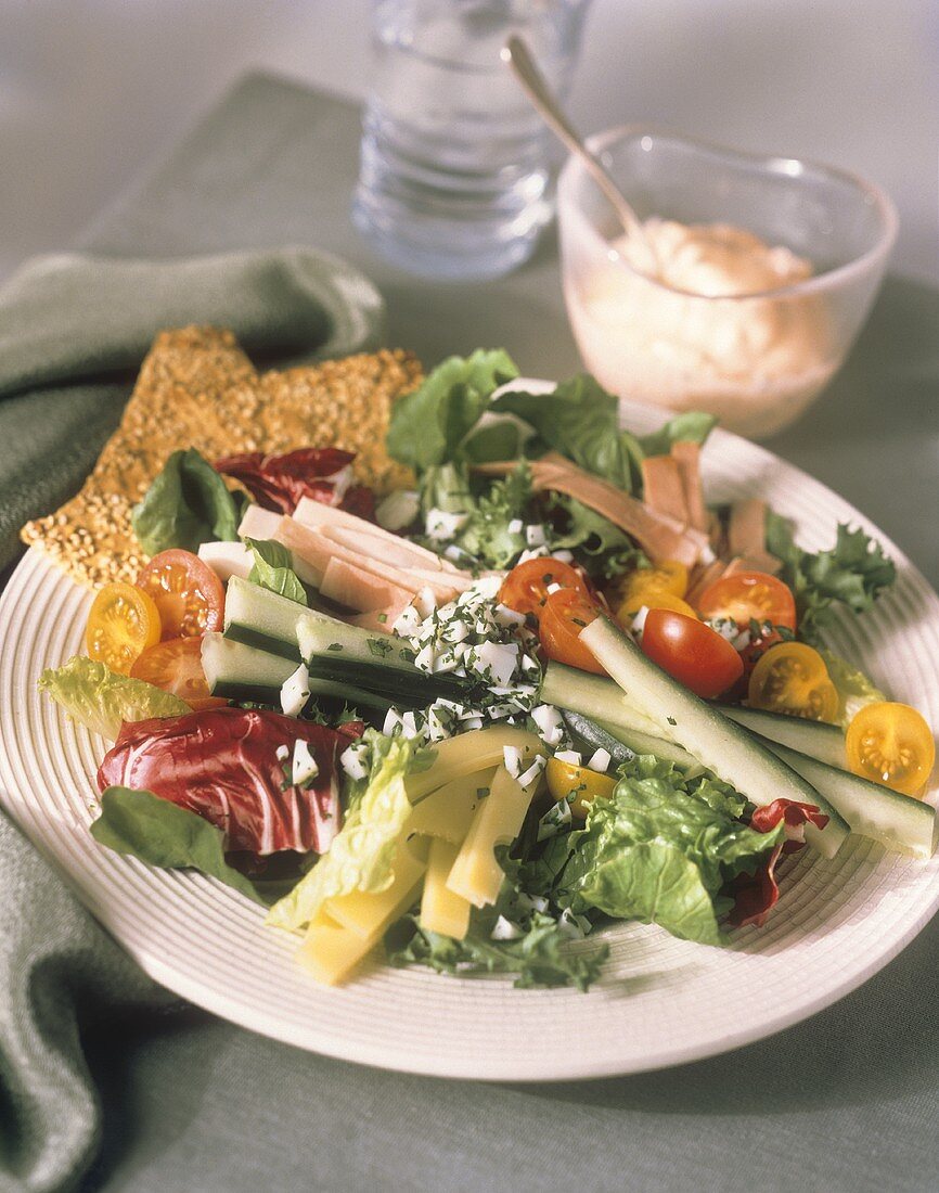 Salad with Raw Vegetables Cheese and Ham