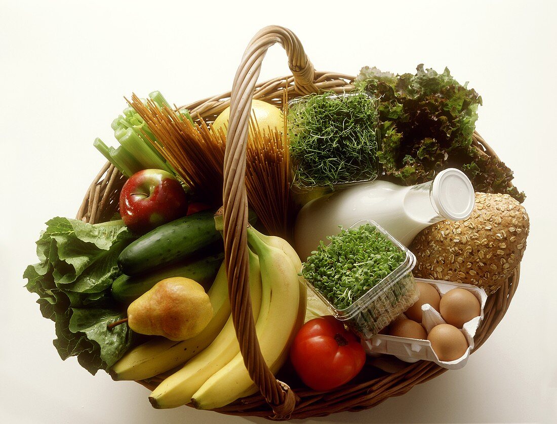 Fresh Produce in a Basket; Vegetables Bread Milk and Eggs