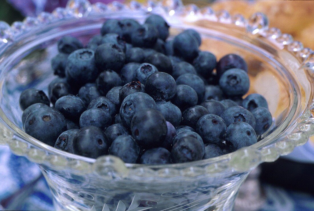 Fresh Blueberries in a Glass Bowl