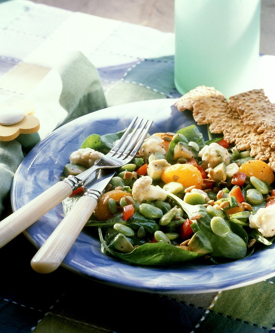 Spinatsalat mit Limabohnen, Mandarinen und Sonnenblumenkernen