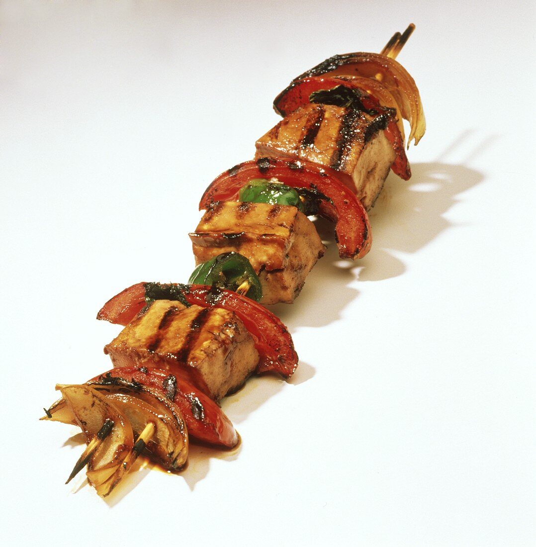 Tofu with Red and Green Pepper and Onion Skewer