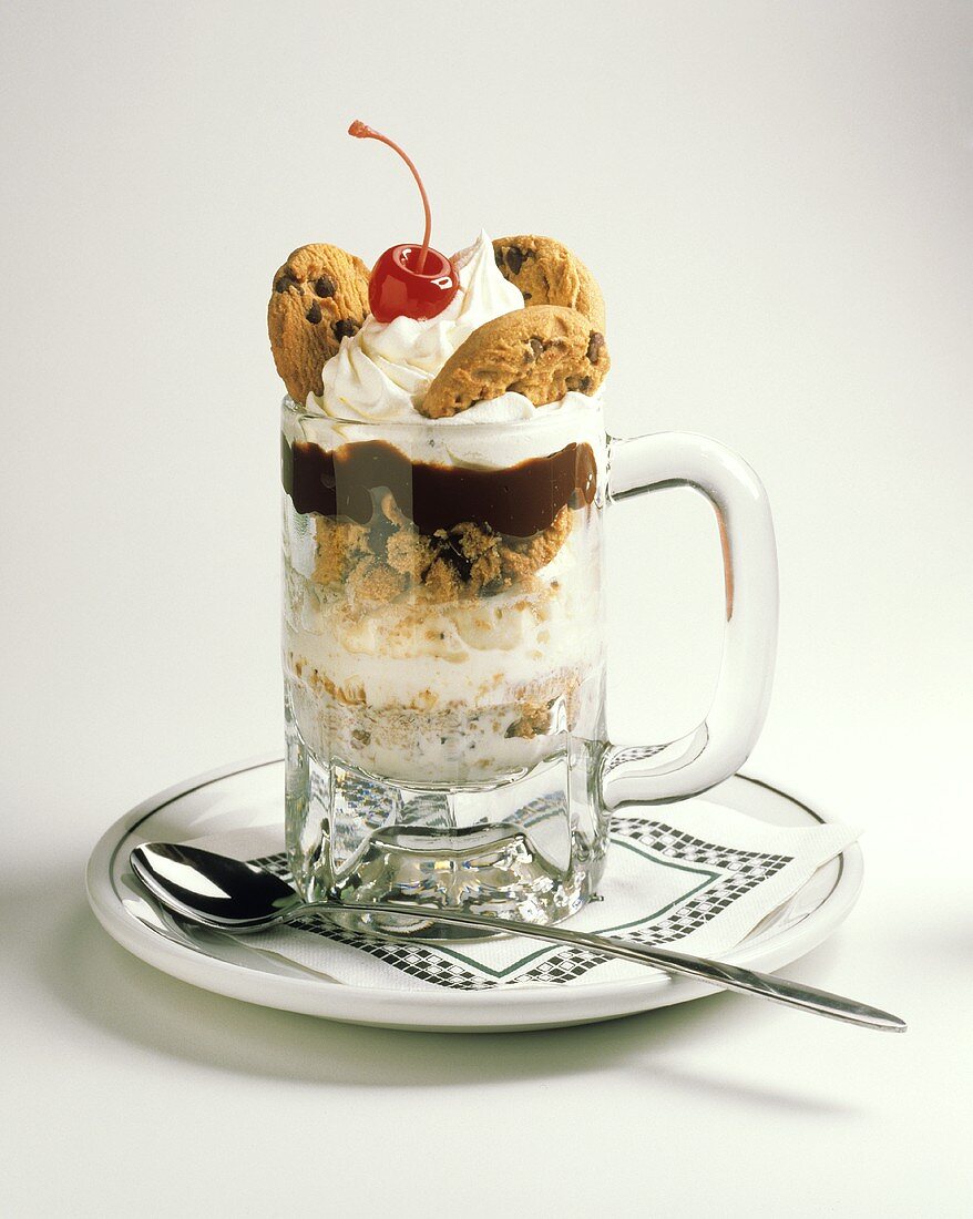Ice Cream Sundae with Chocolate Chip Cookies in a Mug