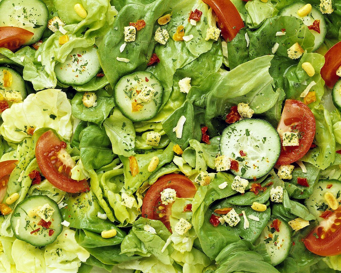 Kopfsalat mit Gurken, Tomaten und Croûtons (bildfüllend)