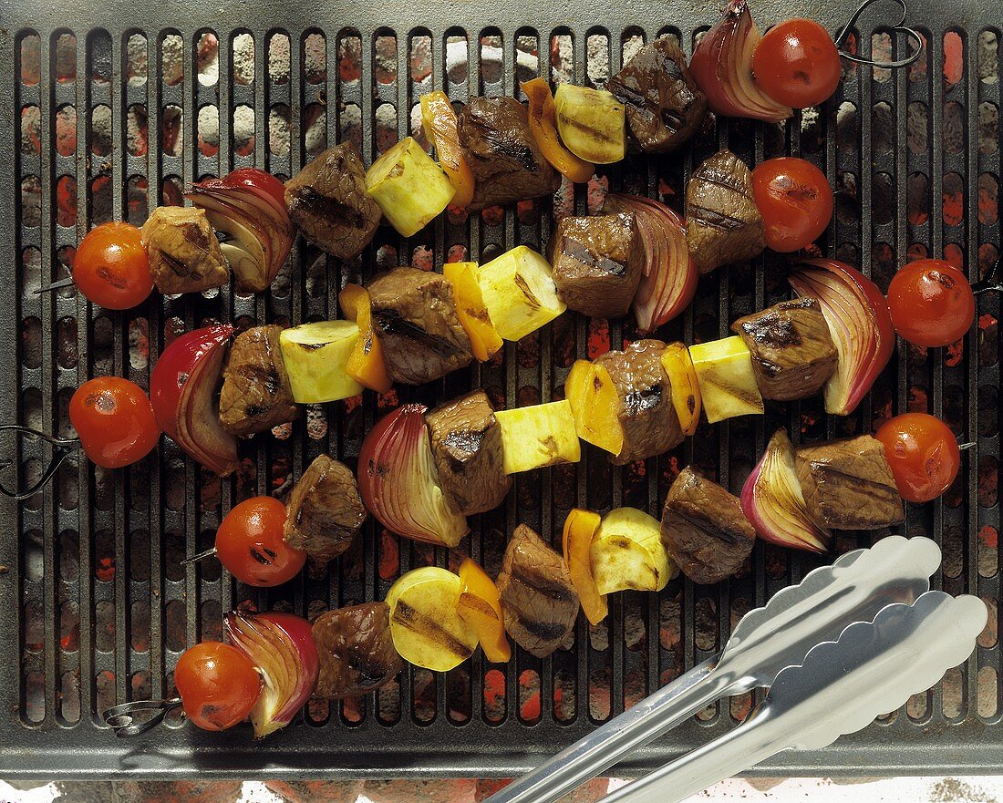 Grilled Beef Kabobs with Tomatoes Squash and Onion