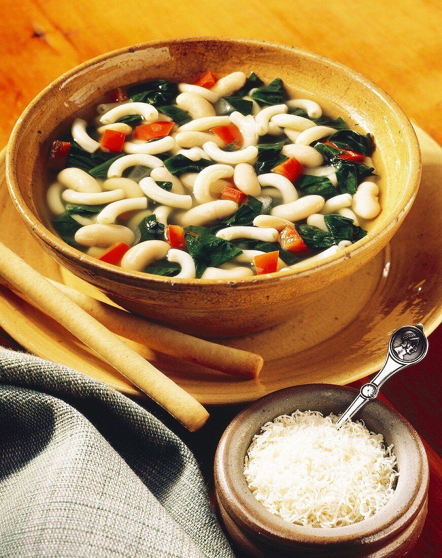 Gemüsesuppe mit Nudeln in Suppenschale; Grissini; Parmesan