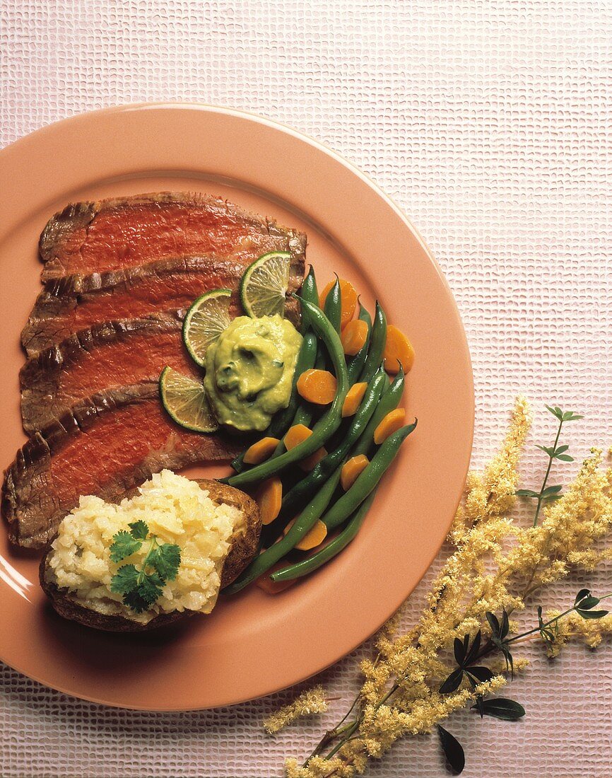 Sliced Flank Steak with Baked Potato and Green Beans