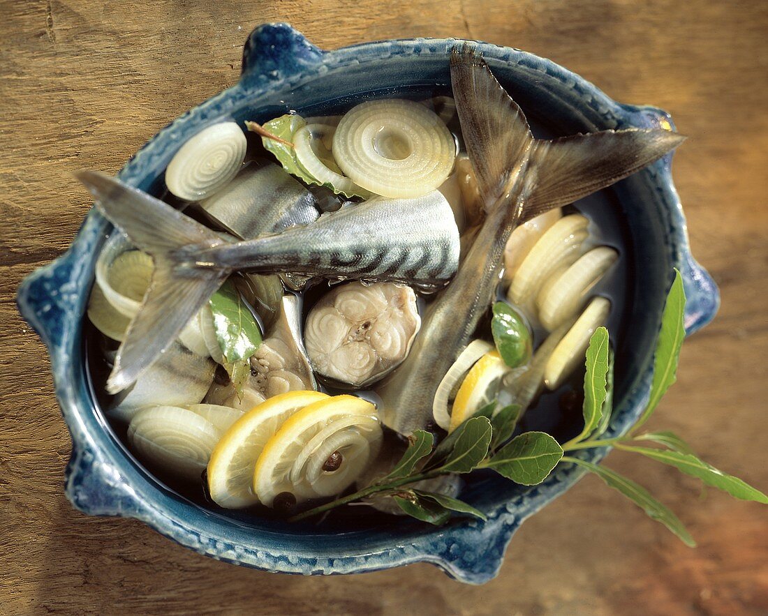 Ingredients for Fish Soup in a Bowl; Overhead