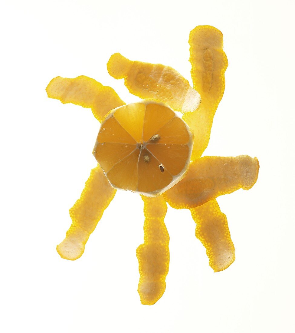 Peeled Lemon with Lemon Peels from Overhead