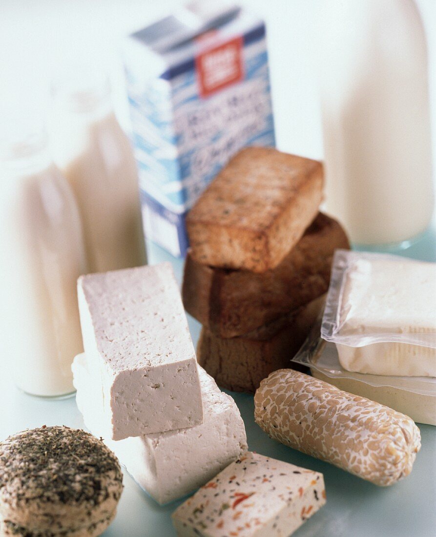 Verschiedene Sojaprodukte: Tofu, Tempeh, Sojadrink etc.