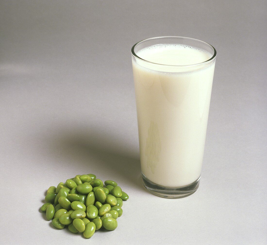 Soymilk with a Pile of Green Soybeans