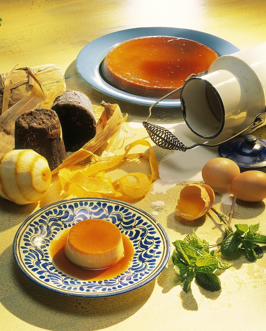 Crème caramel, surrounded by ingredients