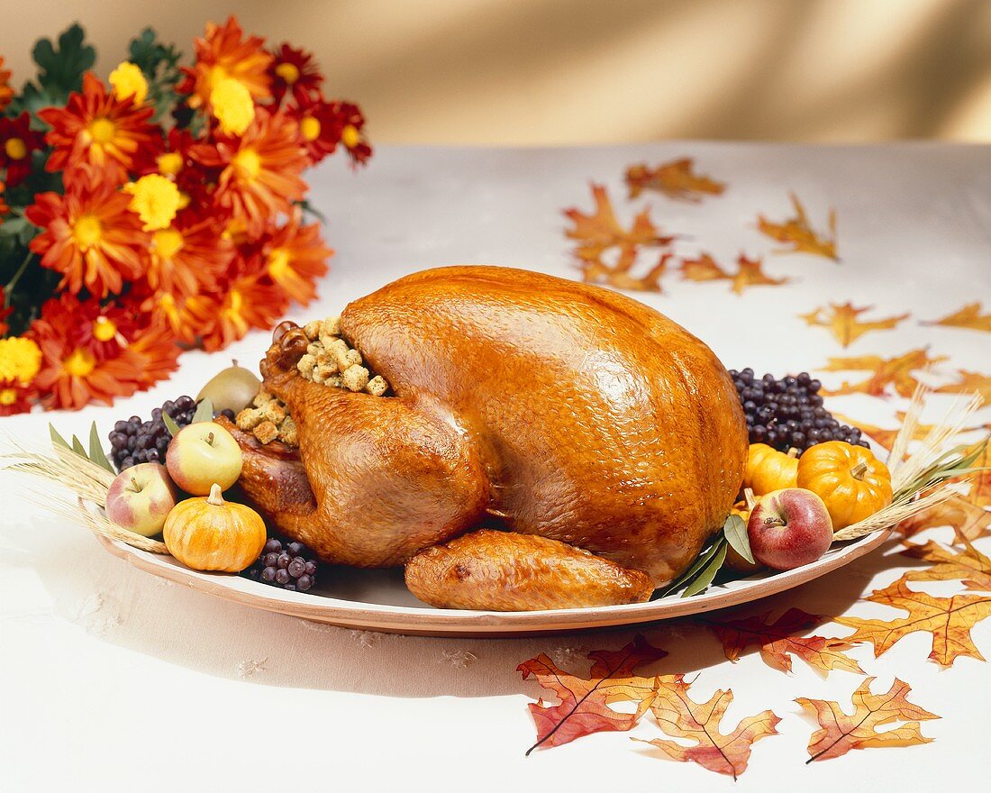 A Whole Stuffed Turkey on a Platter with Scattered Leaves
