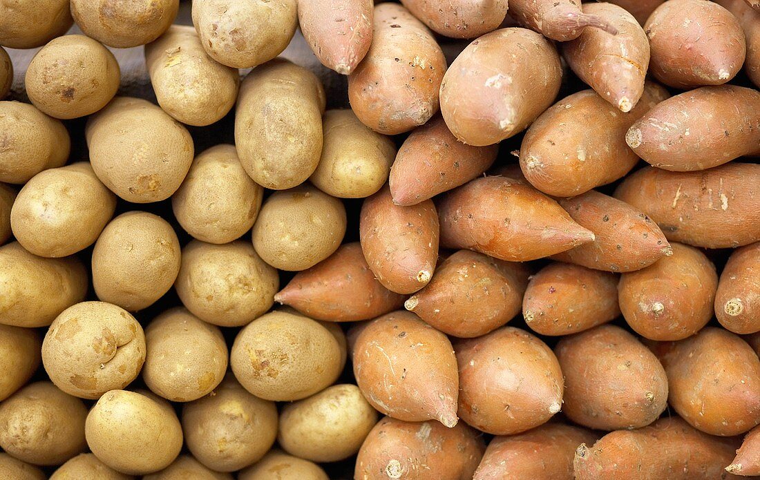 Kartoffeln und Süsskartoffeln auf einem Markt