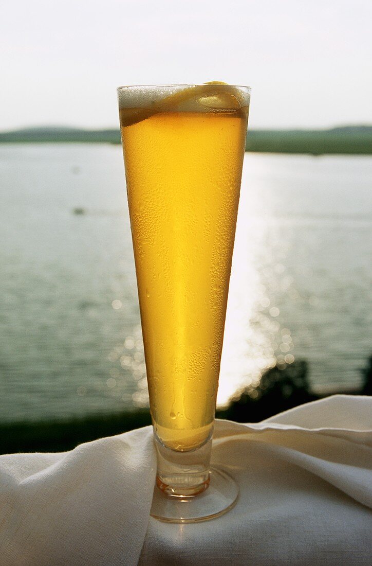 Grosses Glas helles Bier vor einem See