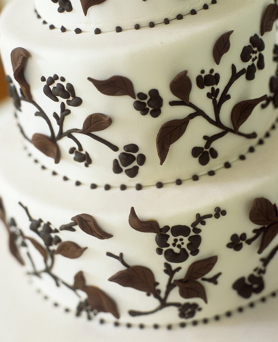 Tiered white cake with chocolate leaves (detail)