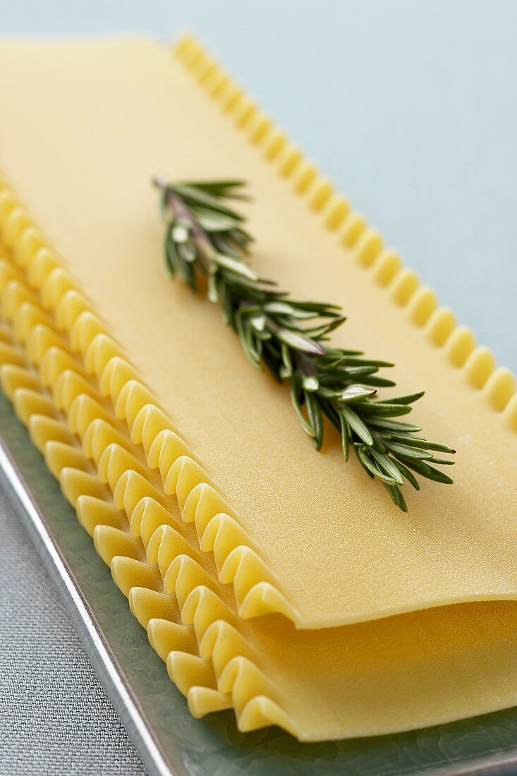 Small Stack of Lasagna Noodles with a Sprig of Rosemary