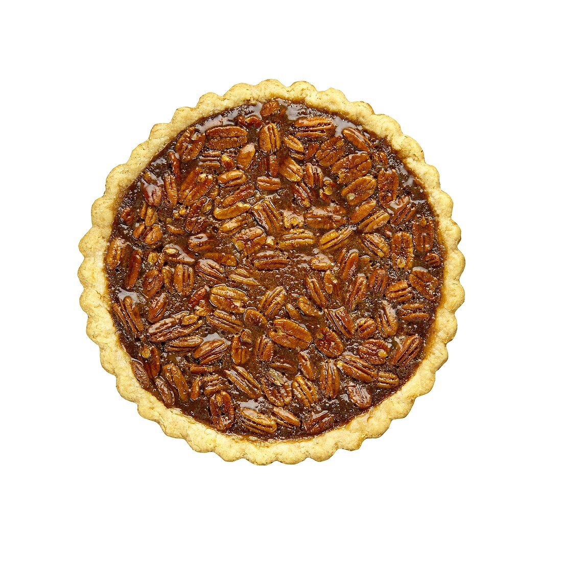 Overhead of a Whole Pecan Pie on a White Background