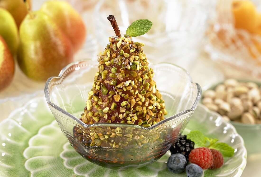 Pistachio Coated Pear in a Bowl, Fresh Berries