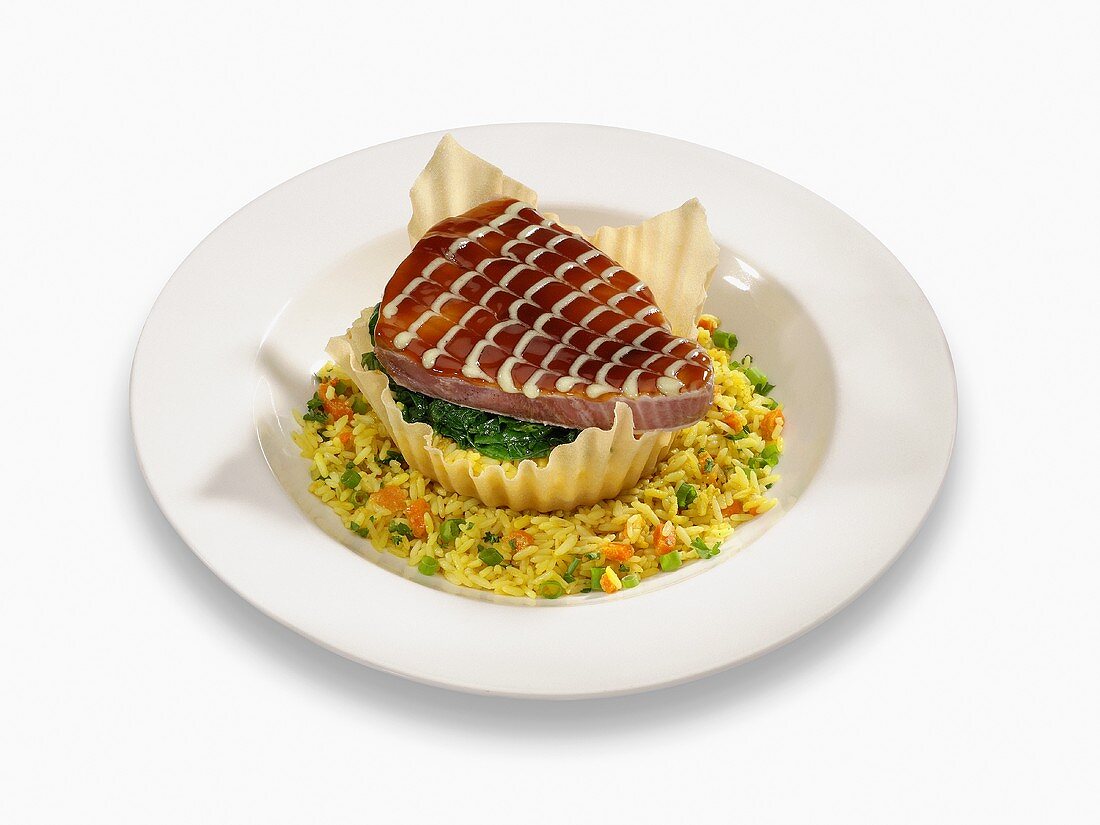Tuna Steak in a Puff Pastry Shell on a Bed of Rice on White Plate, White Background