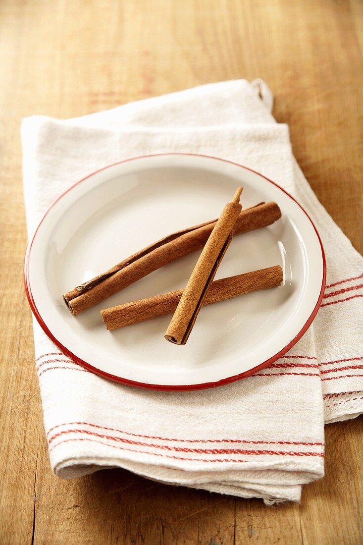 Three Cinnamon Sticks on a Plate on a Dish Cloth