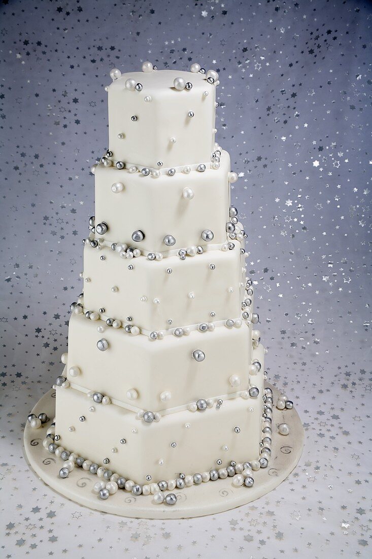 Five Tiered White and Silver Cake