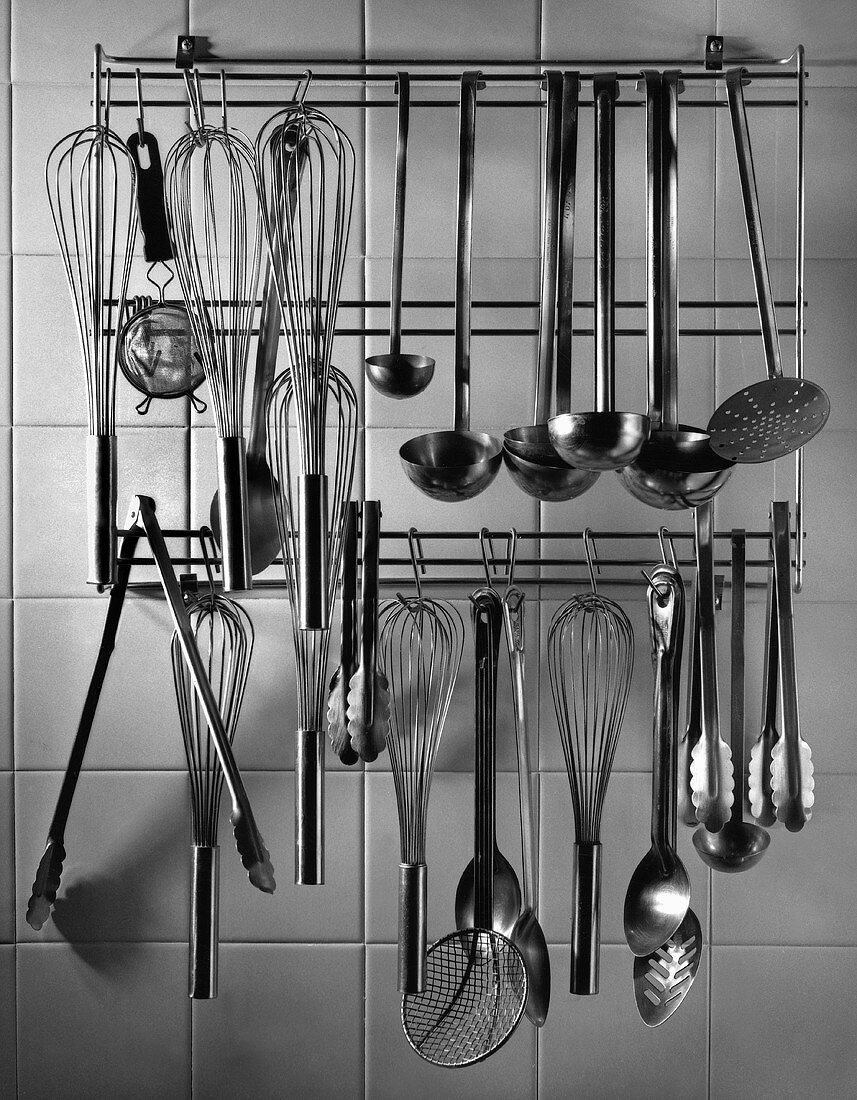Kitchen Utensils Hanging from a Rack