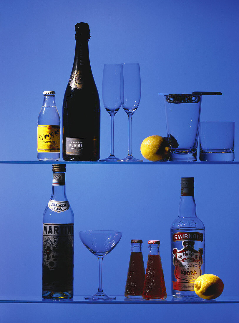 Bar Glasses and Bottles on Shelves (Blue)