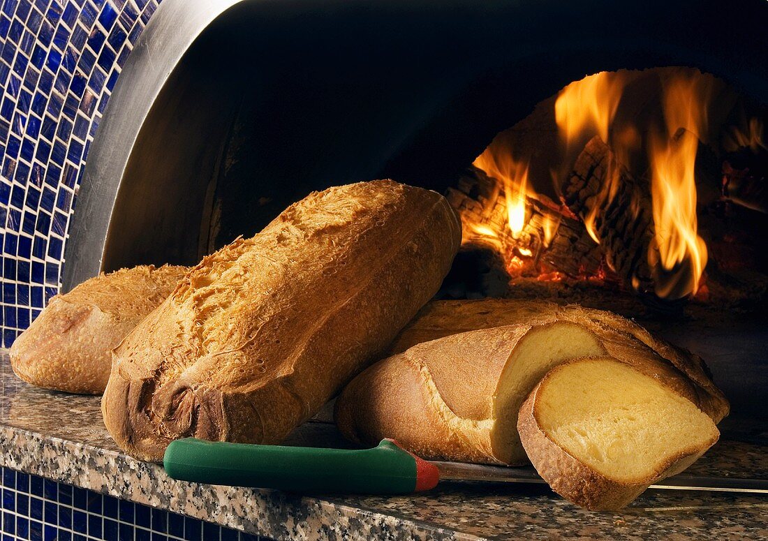 Frisch gebackene Brote vor einem Holzofen