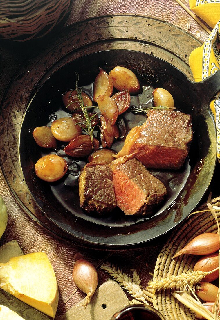 Fillet of Beef with Glazed Shallots; Cast Iron Skillet