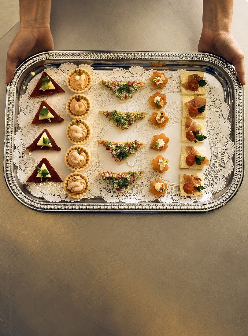 Hands Holding a Silver Tray with Canapes
