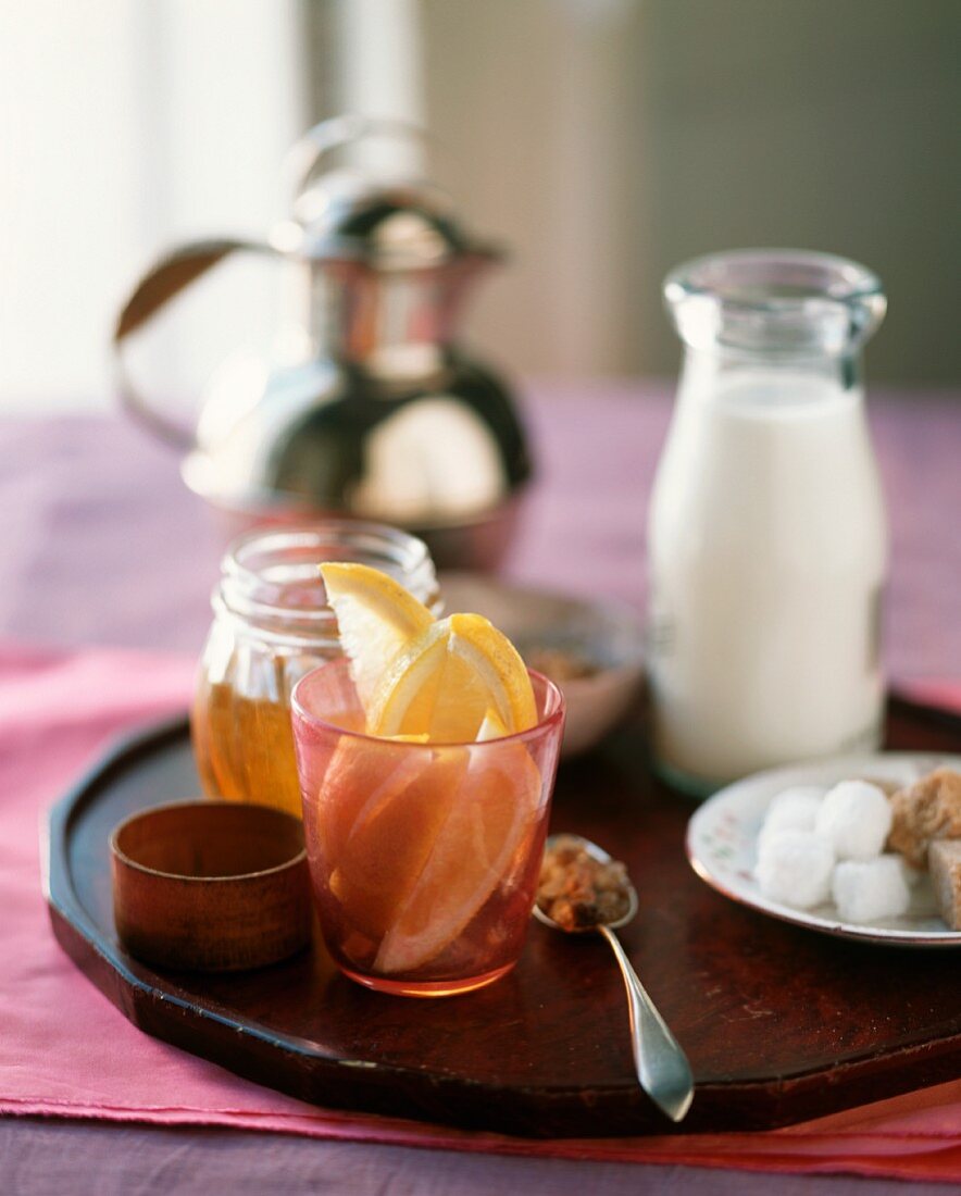 Assorted Sweeteners for Tea, Lemon, Sugar Cubes, Honey and Milk