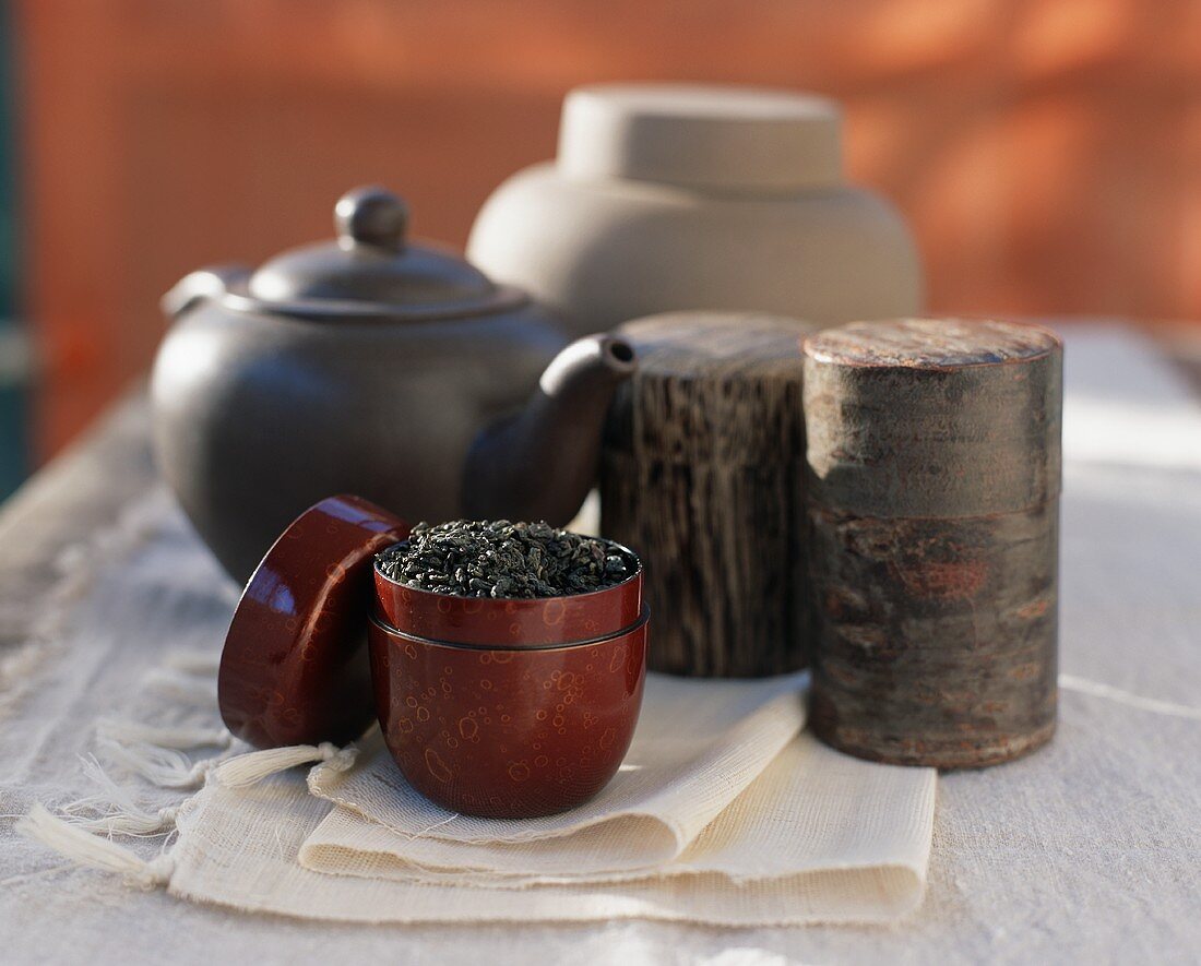 Assorted Tea Canisters with Loose Tea, Tea Pot