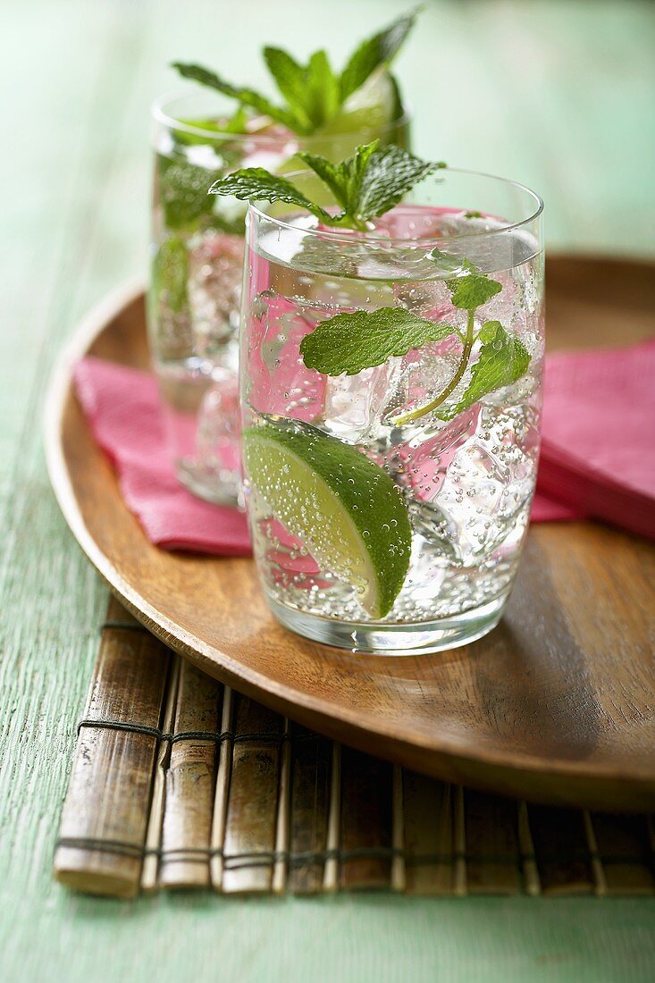 Zwei Mojito mit Rum, Limetten und frischer Minze auf Tablett