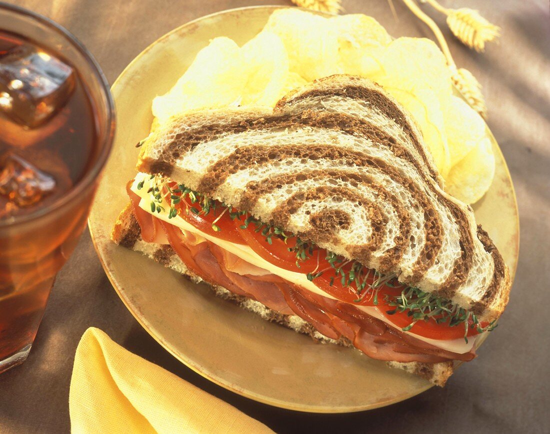 Ham and Turkey Sandwich on Marble Rye; Potato Chips