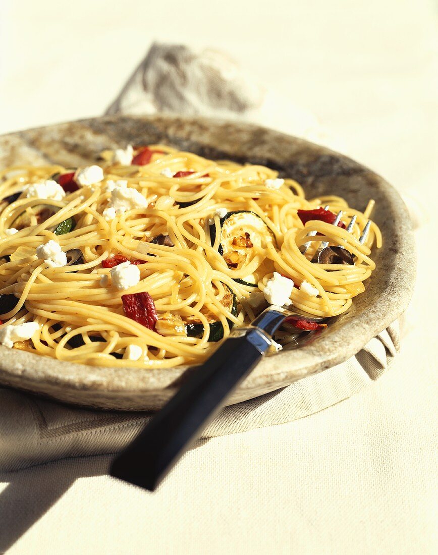 Spaghetti with Goat Cheese and Sun Dried Tomato