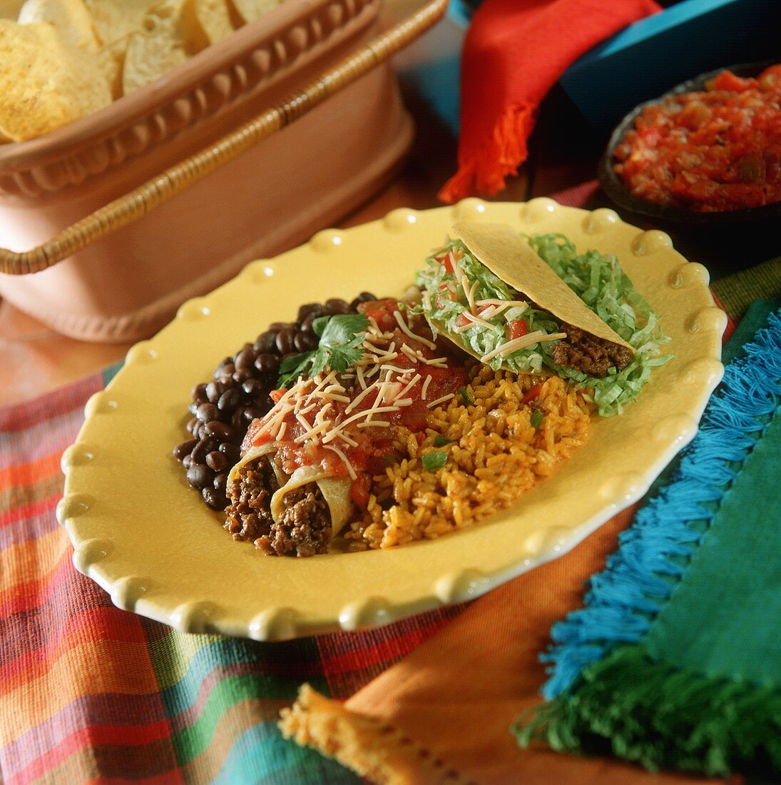 Beef Enchiladas with Taco; Rice and Beans