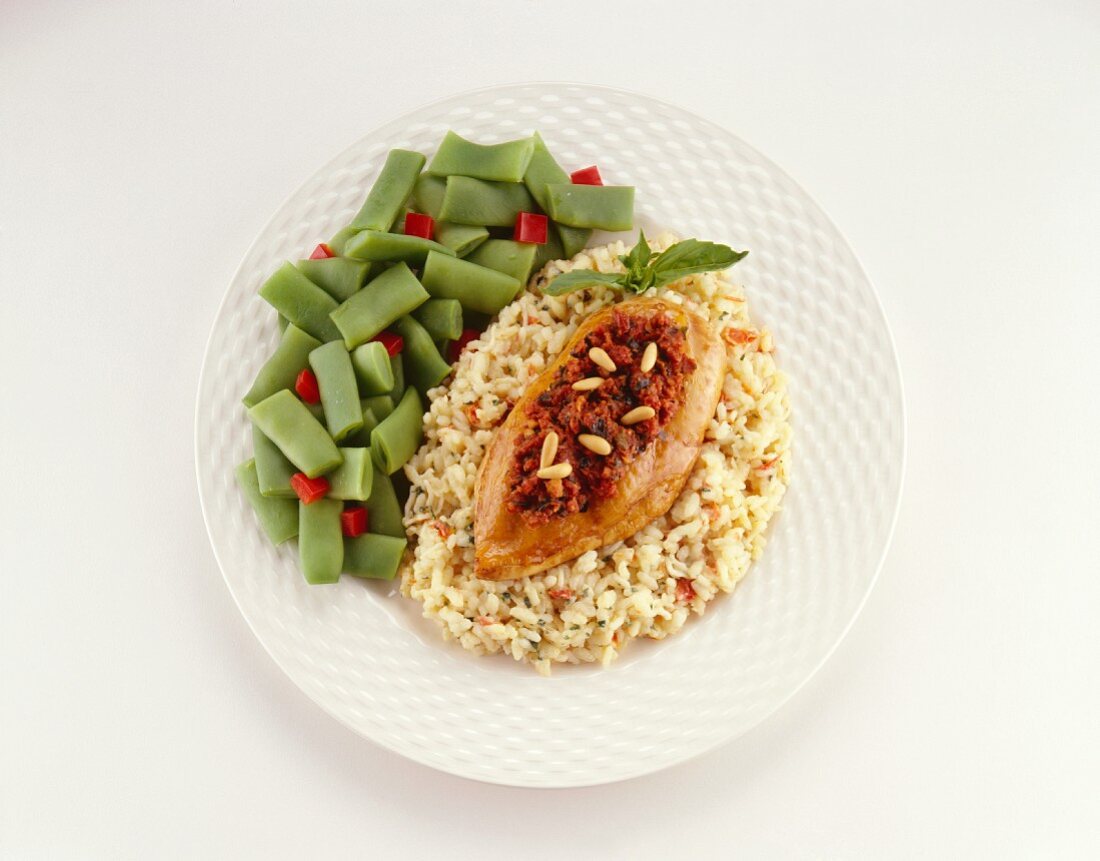 Chicken Breast on a Bed of Rice with Green Beans; From Above