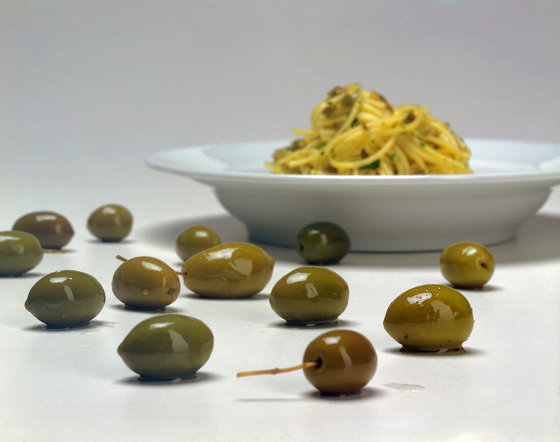 Olives with Spaghetti in the Background