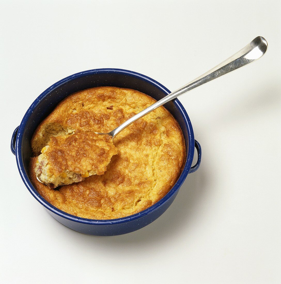 Spoon Bread in a Pan with Spoon; From Above