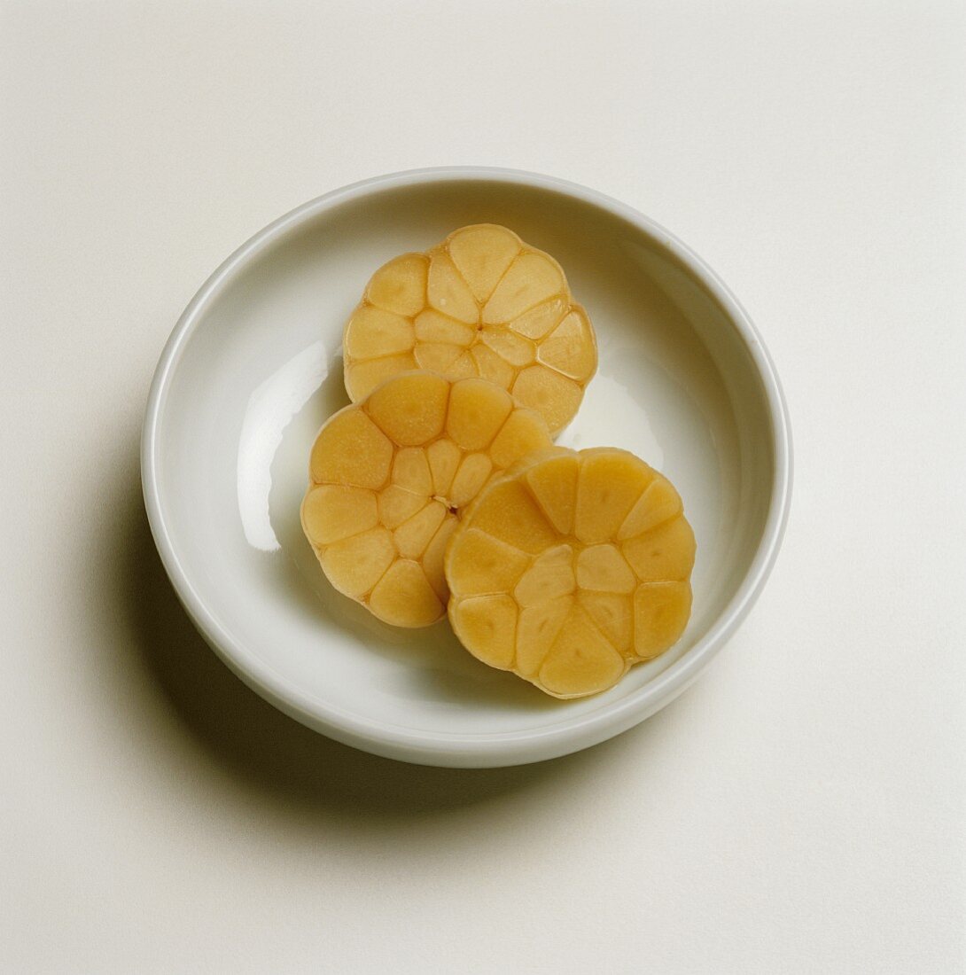 Pickled Garlic in a Small Dish; From Above
